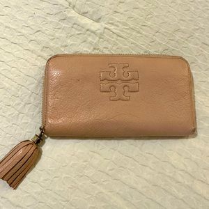 Tory Burch Dusty Pink Large Leather Wallet with Tassel Zip Pull